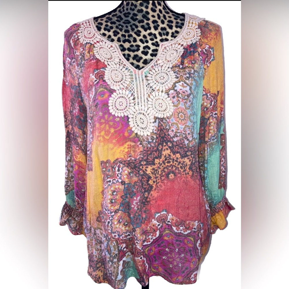 Flint & Moss Blouse L Boho Hippie Multicolor Embroidered Long Sleeve V Neck